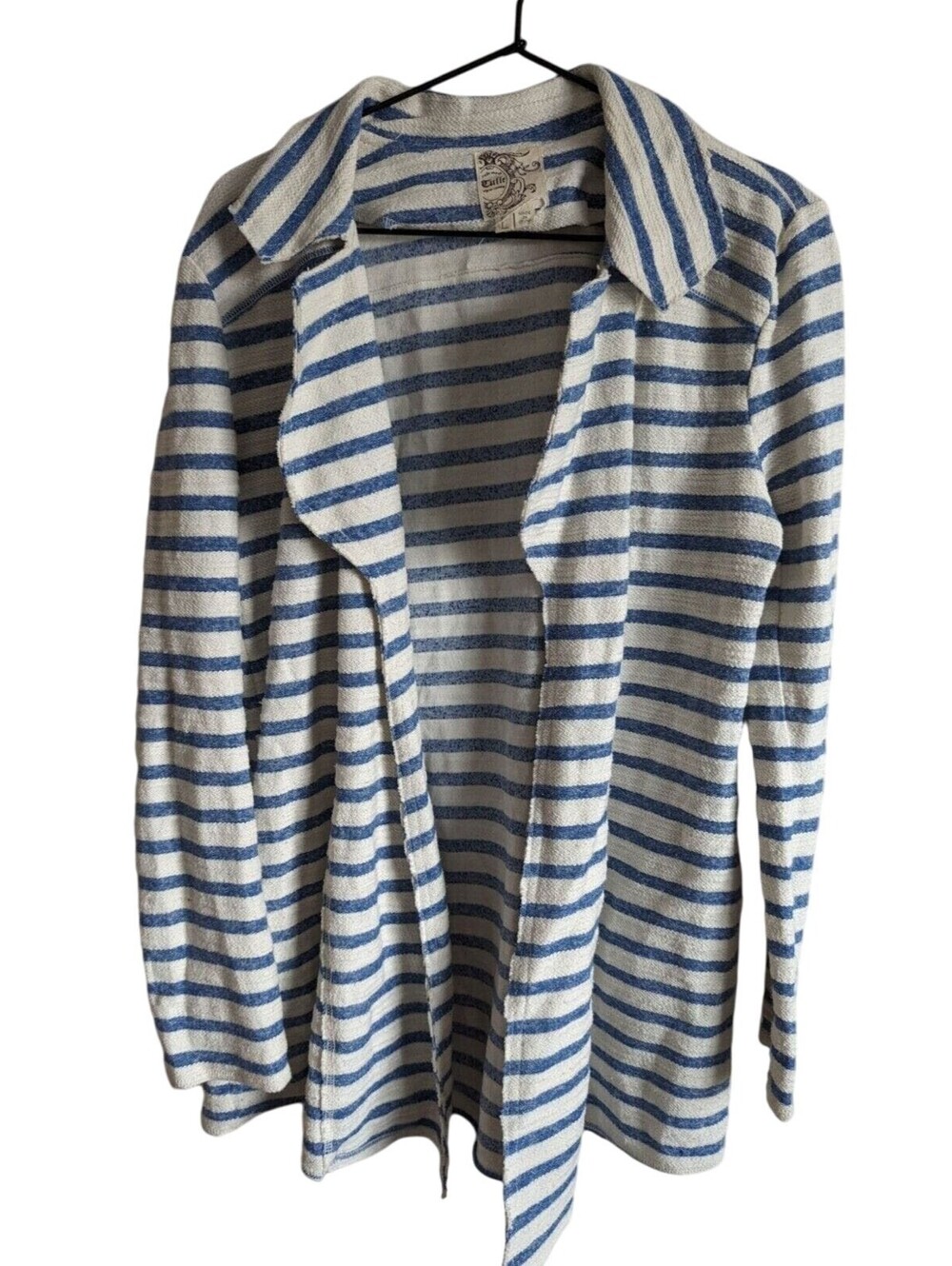 Tulle Womens Sz L Open Front Cardigan Sweater Blue White striped